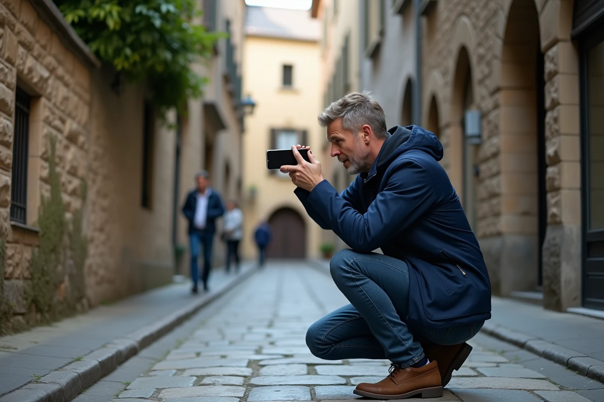 Homme photographiant une scène urbaine avec un iPhone 14 dans une ruelle pavée européenne, montrant l'utilisation du smartphone en conditions réelles