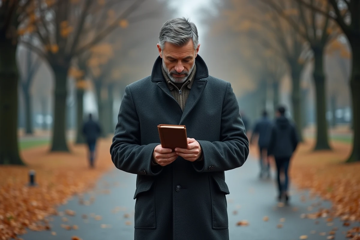 Homme lisant un journal de citations dans un parc automnal, cherchant à surmonter une trahison émotionnelle