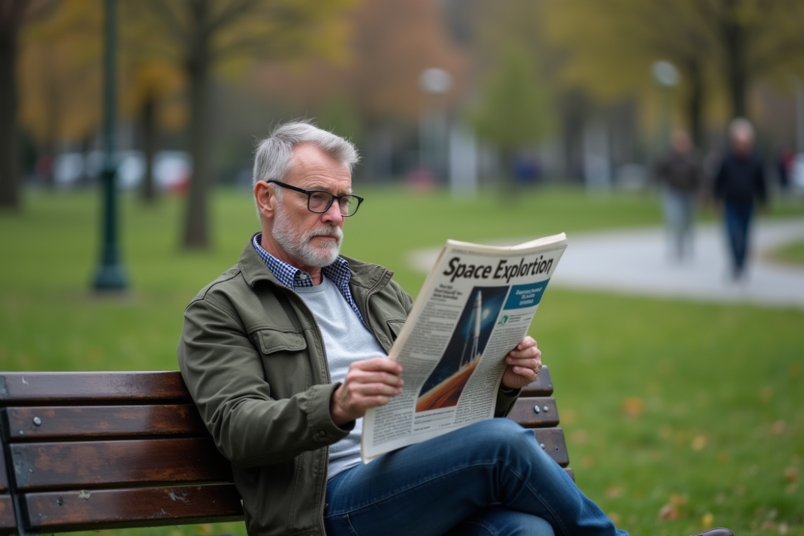 Homme d'âge moyen lisant une presse sur l'espace