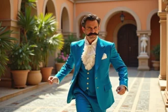 Homme d'âge moyen en costume bleu flamboyant avec moustache