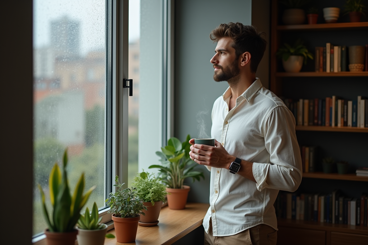 Jeune homme avec tasse dans un appartement urbain