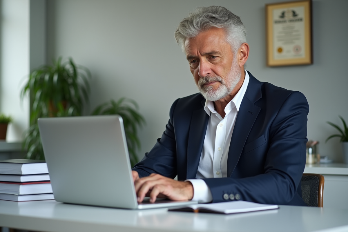 Homme en blazer bleu travaille sur un ordinateur lors d