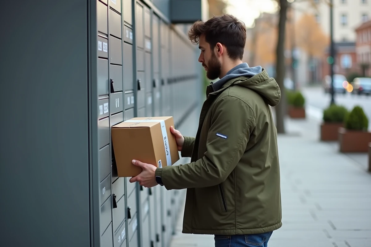 Homme ouvre un casier de livraison en ville