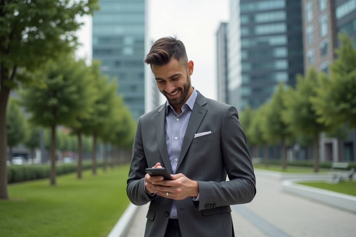 Jeune homme en costume vérifiant ses données sur smartphone dans un parc urbain