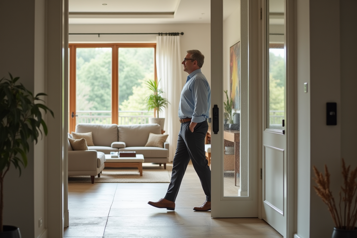 Homme ouvrant un porte-diviseur dans un intérieur spacieux
