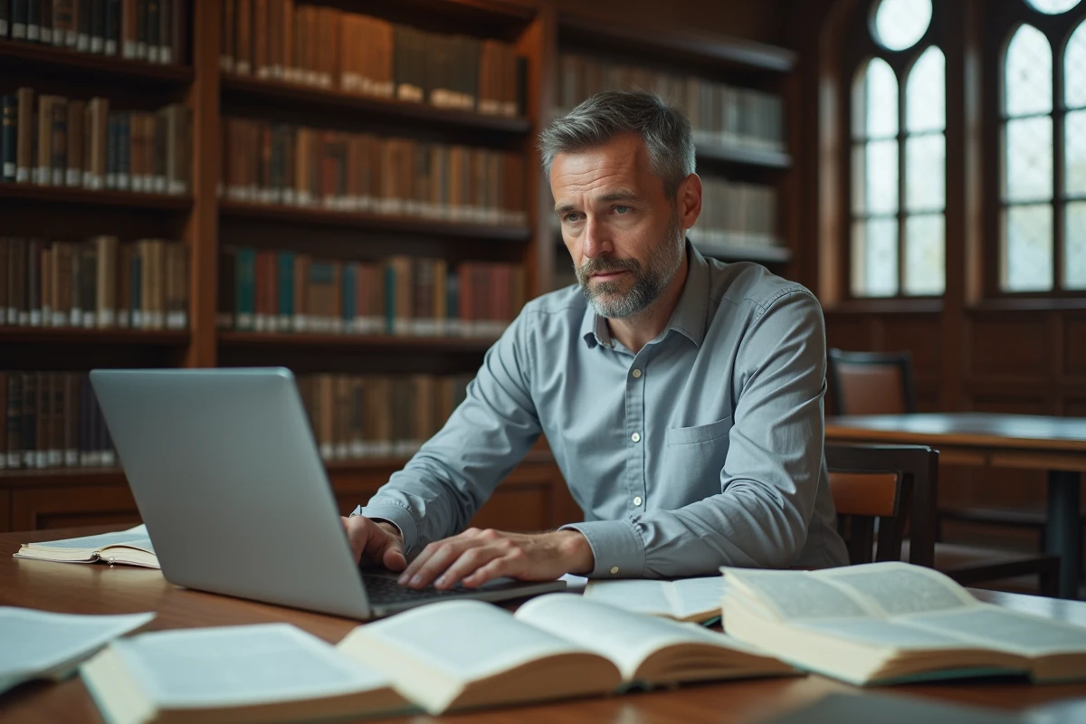 Homme concentré tapant un rapport académique entouré de livres de référence dans une bibliothèque universitaire