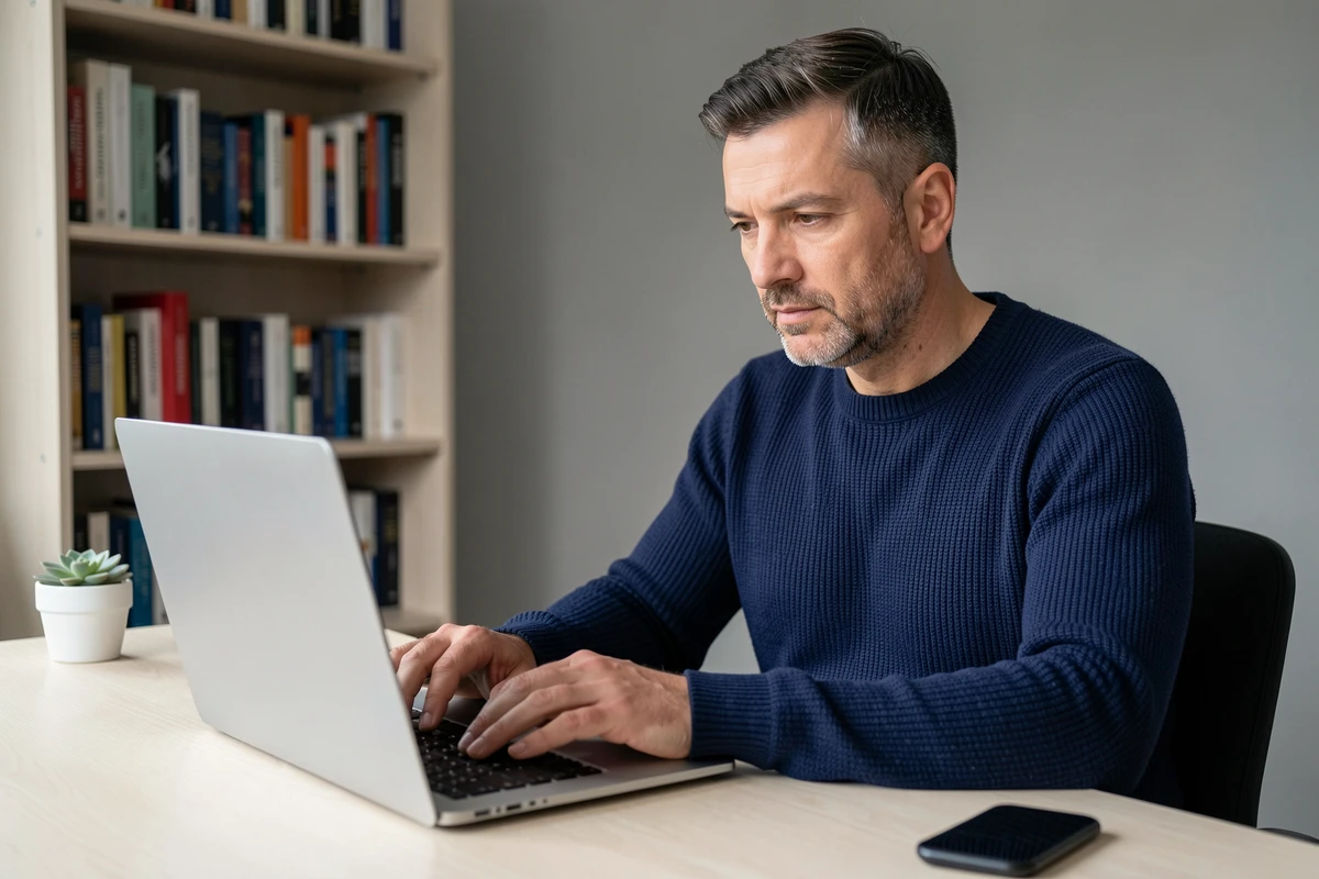 Homme rédigeant un e-mail professionnel formel sur un ordinateur portable dans un bureau à domicile épuré