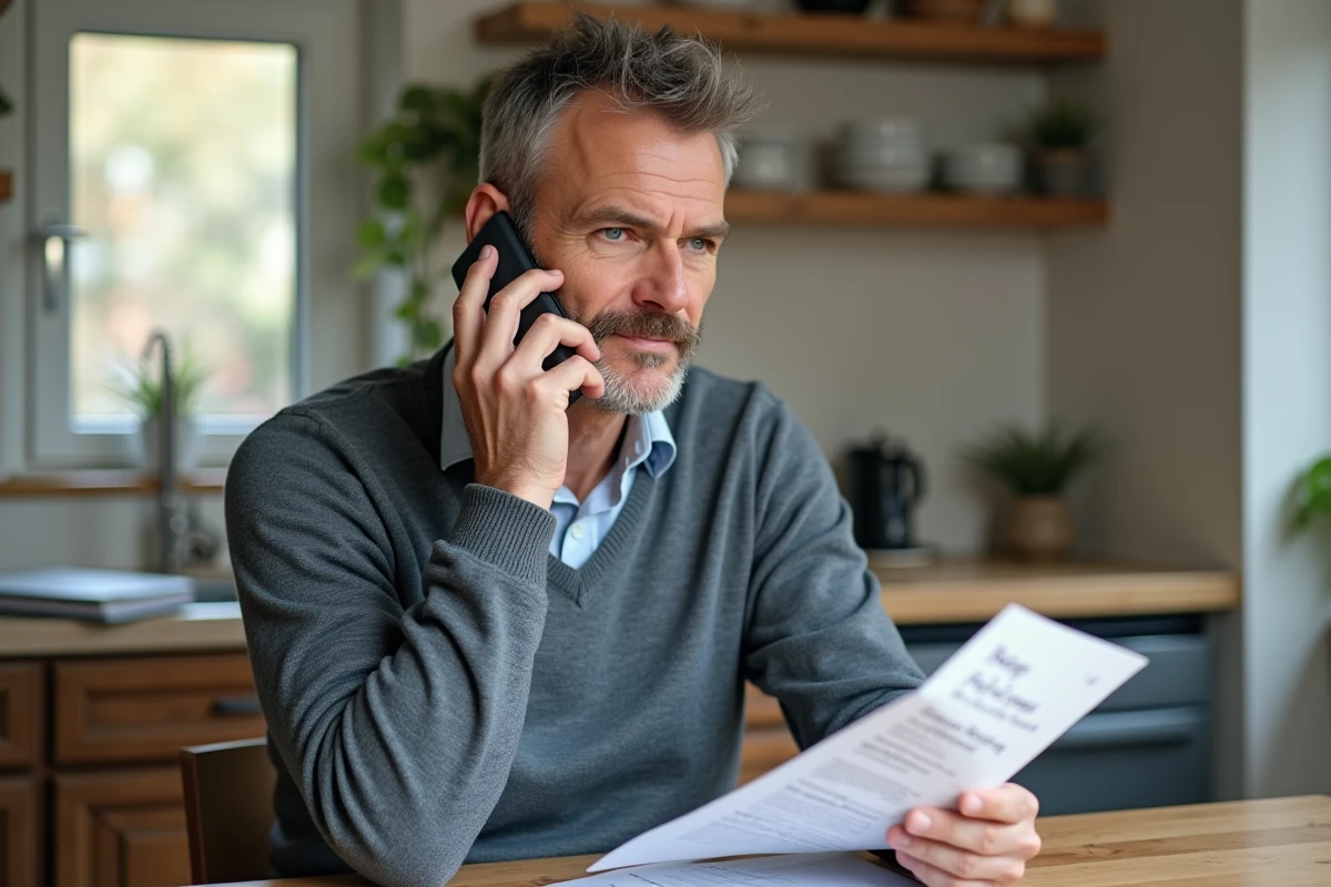 Homme d'âge moyen au téléphone dans la cuisine moderne