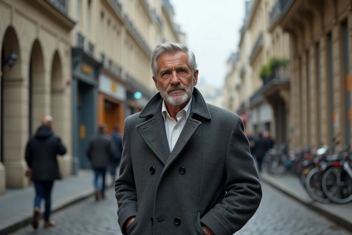 Homme mature en manteau gris debout dans une rue pavée parisienne avec façades haussmanniennes, dans un contexte éditorial de biographie journalistique