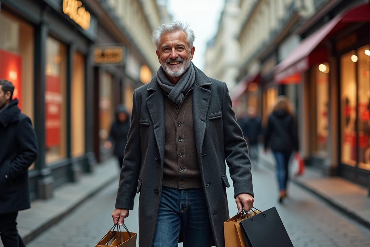 Homme avec sacs de shopping dans une rue parisienne en automne