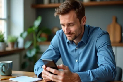 Homme d'âge moyen utilisant son smartphone dans une cuisine moderne