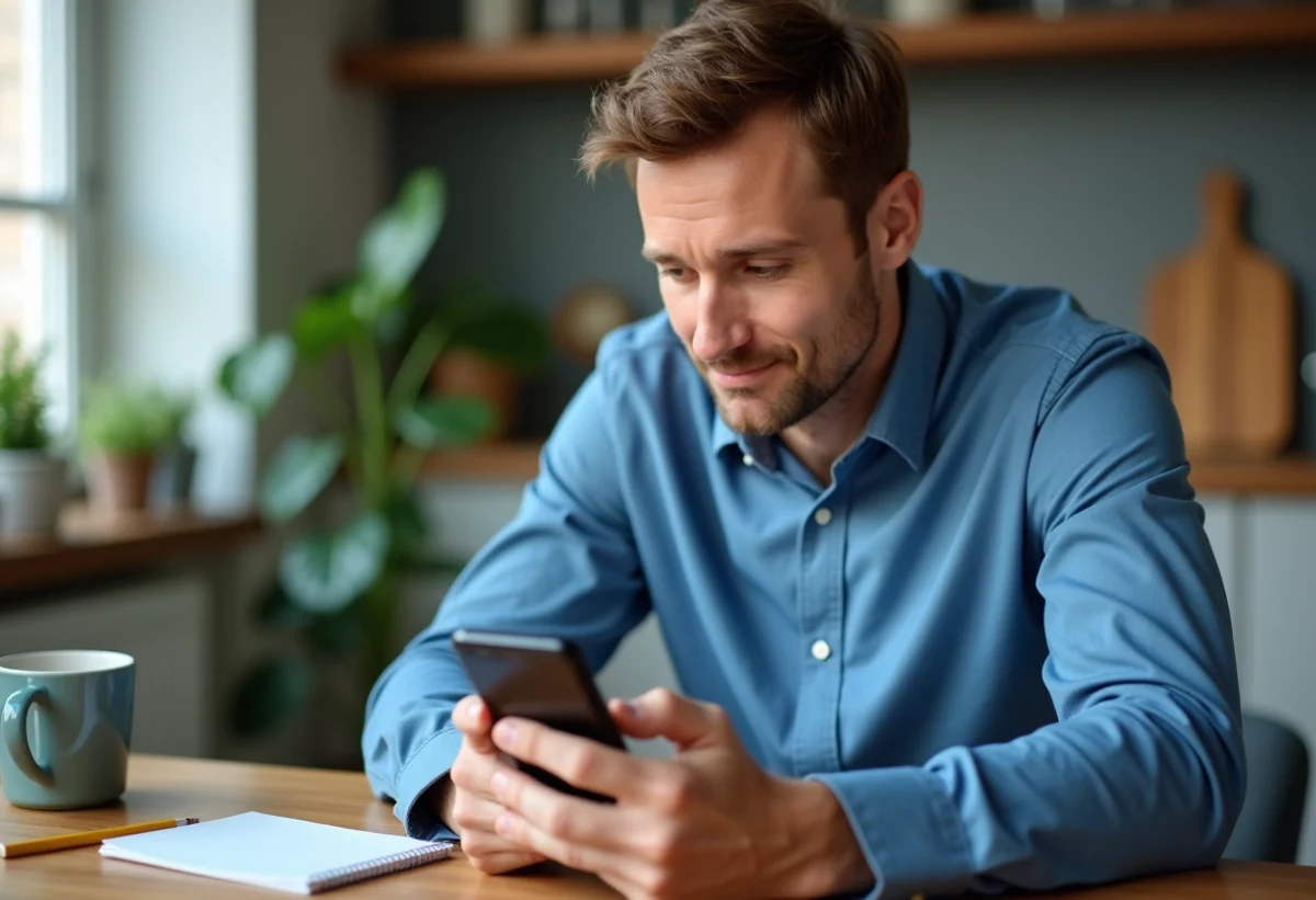 Homme d'âge moyen utilisant son smartphone dans une cuisine moderne