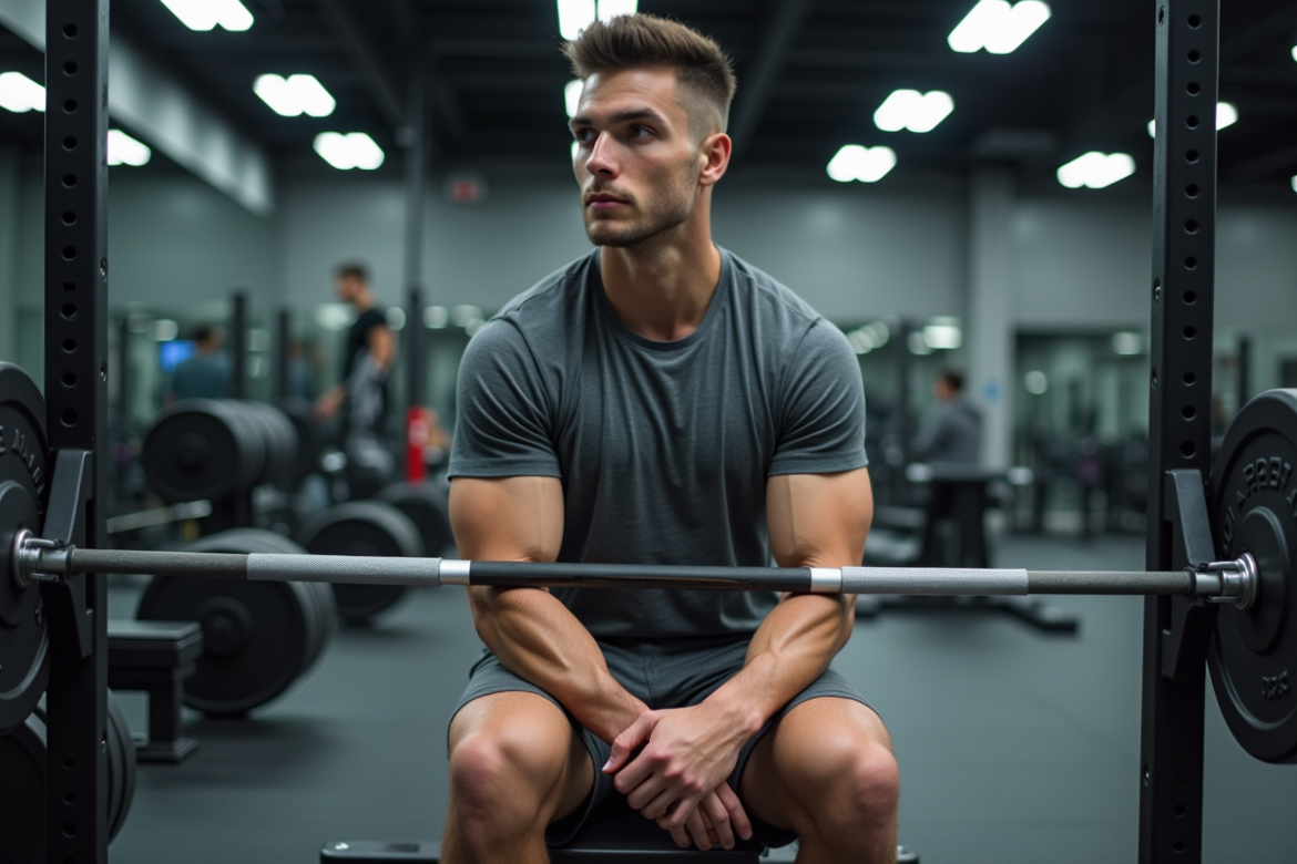 Jeune homme en t-shirt sportif compare barres de musculation