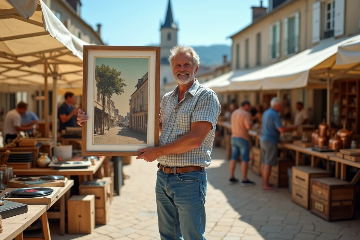 Homme tenant une affiche vintage lors d'un vide-grenier en Aveyron le week-end