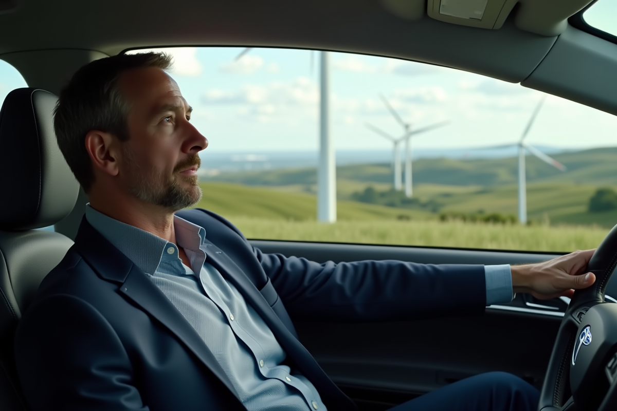 Homme dans voiture électrique regardant le paysage avec éoliennes