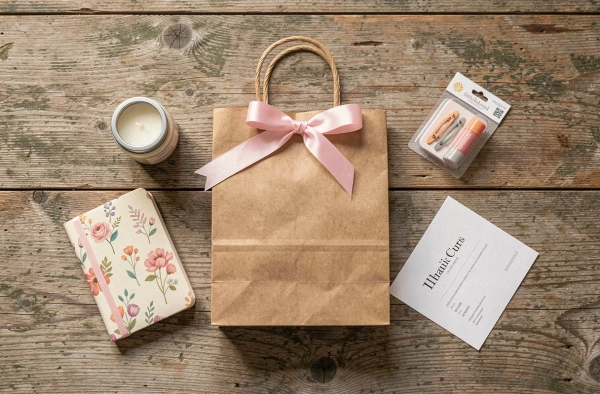 Flat lay de petits cadeaux femme à 5 euros sur une table en bois rustique, idées de cadeaux de dernière minute