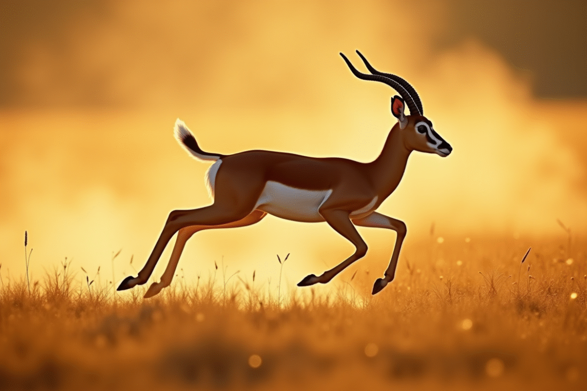 Impala en plein saut dans la savane dorée au matin
