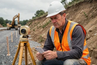 Ingénieur de chantier qui examine un relevé de pente avec un théodolite sur un talus en terre, illustrant la confusion entre degrés et pourcentage de pente