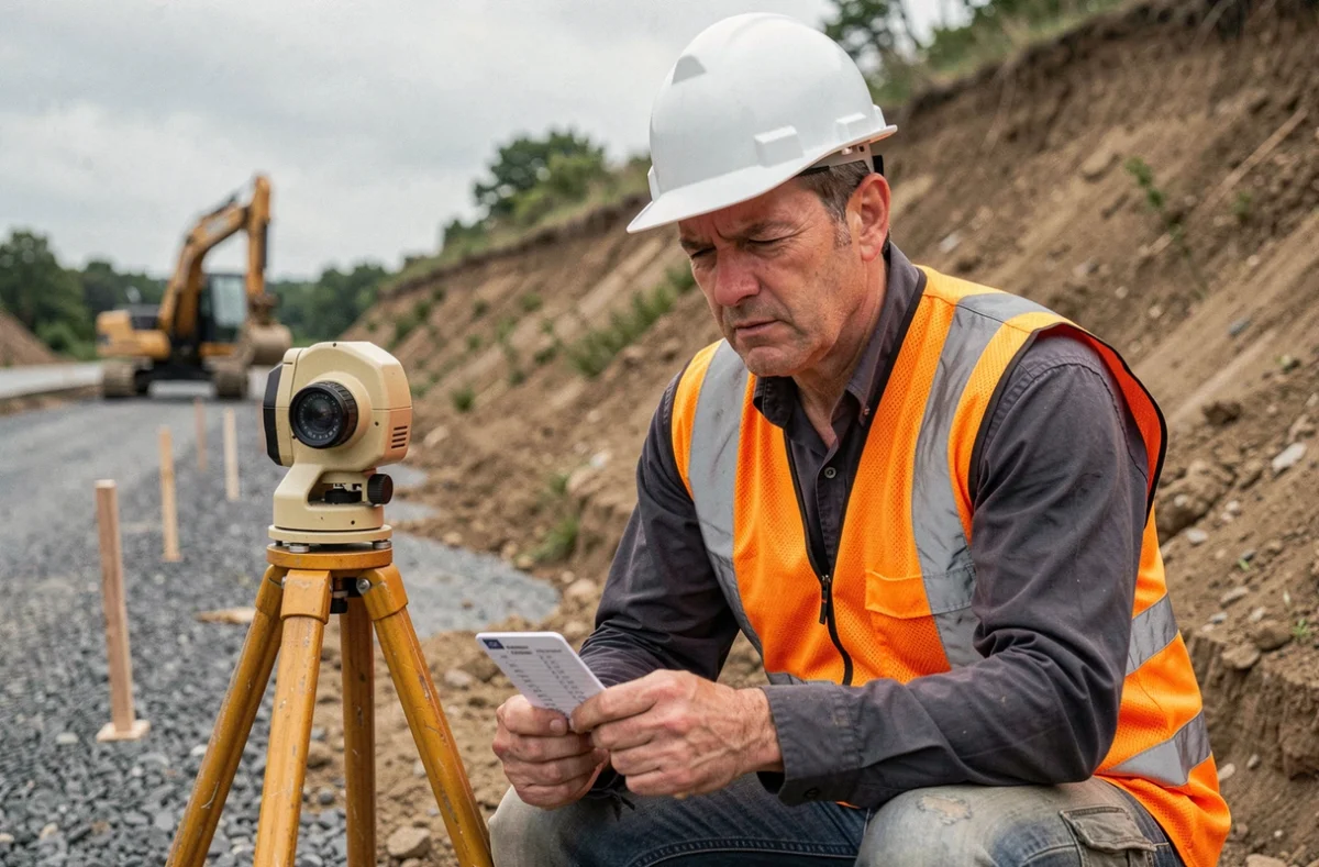 Ingénieur de chantier qui examine un relevé de pente avec un théodolite sur un talus en terre, illustrant la confusion entre degrés et pourcentage de pente