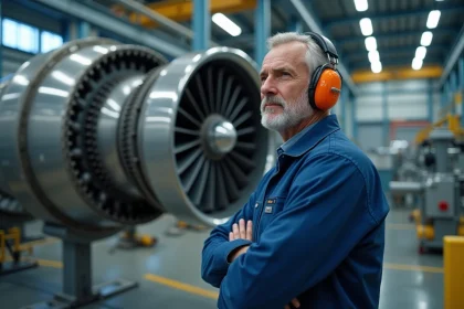 Ingénieur inspectant un moteur d'avion en atelier
