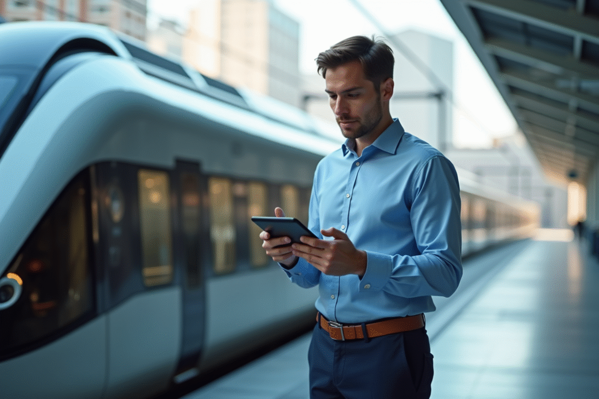 Ingénieur homme avec train futuriste moderne