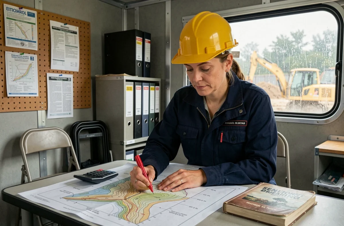 Ingénieure civile qui annote un plan topographique avec des valeurs de pente dans un bureau de chantier, illustrant l'importance de distinguer les degrés du pourcentage de déclivité