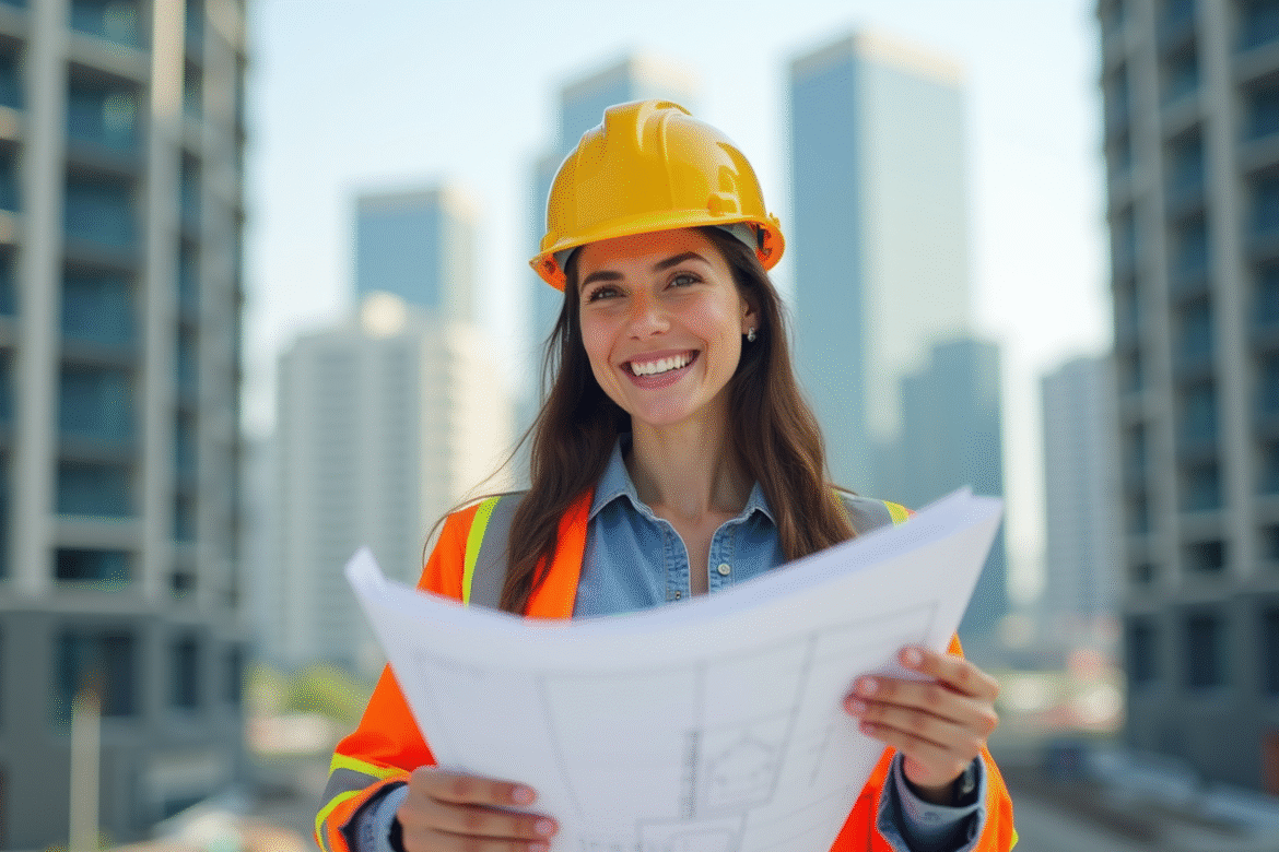 Femme ingénieure souriante portant casque jaune sur un chantier
