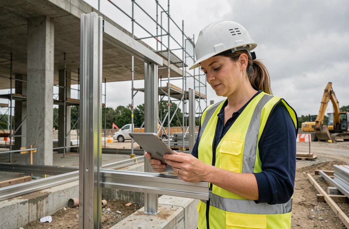 Ingénieure vérifiant un cadre en profilé L inox installé sur chantier de construction