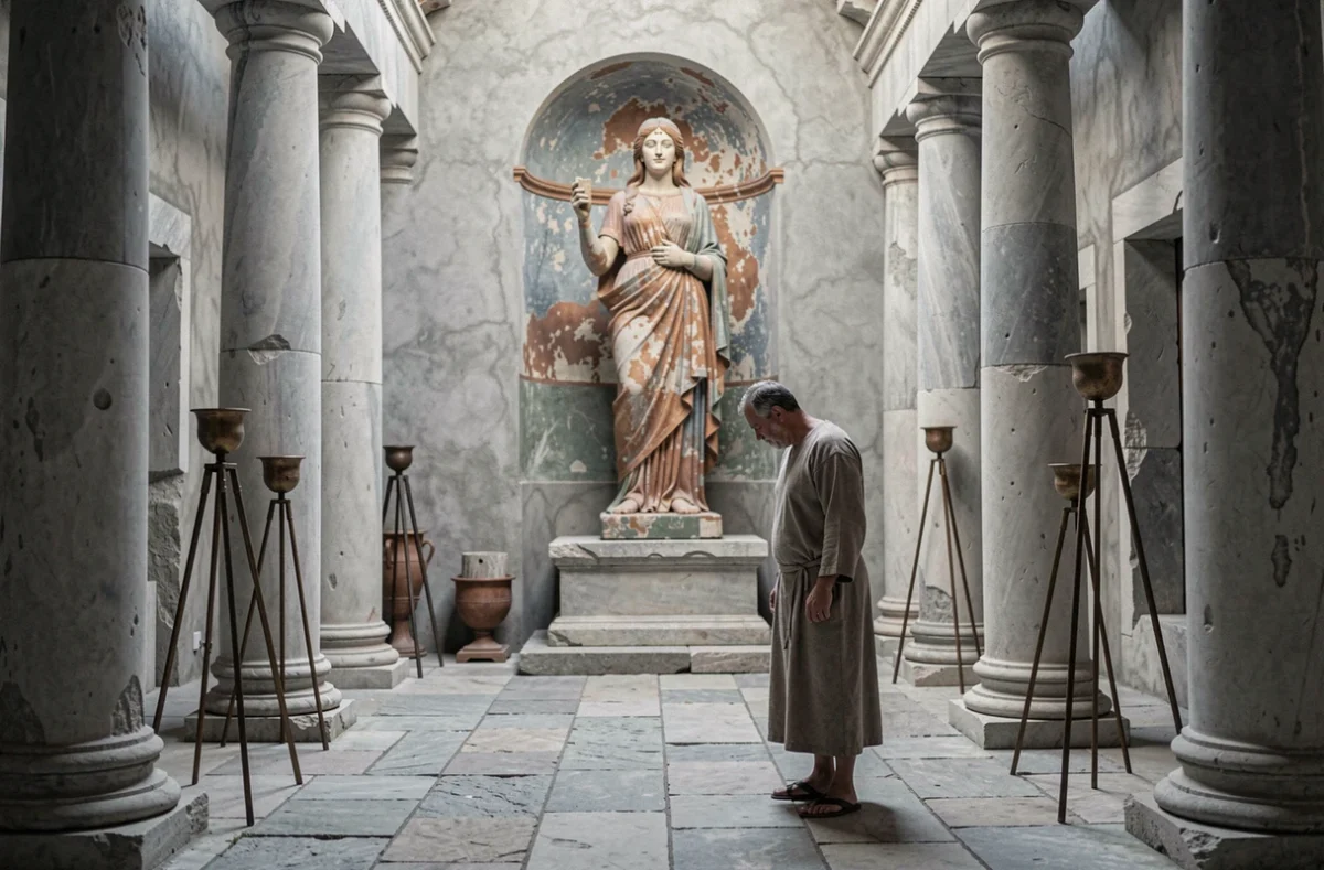 Intérieur d'un temple grec antique avec une statue de culte en terre cuite peinte représentant une déesse, un homme en toge de laine se tenant en posture de révérence