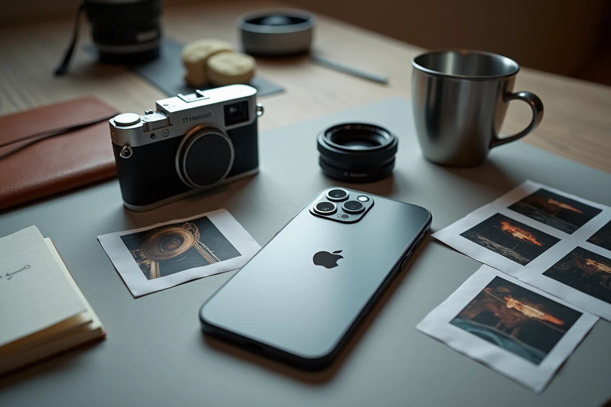 iPhone 14 posé sur un bureau de photographe aux côtés d'un appareil photo et de tirages photo, comparaison équipement photo professionnel et smartphone