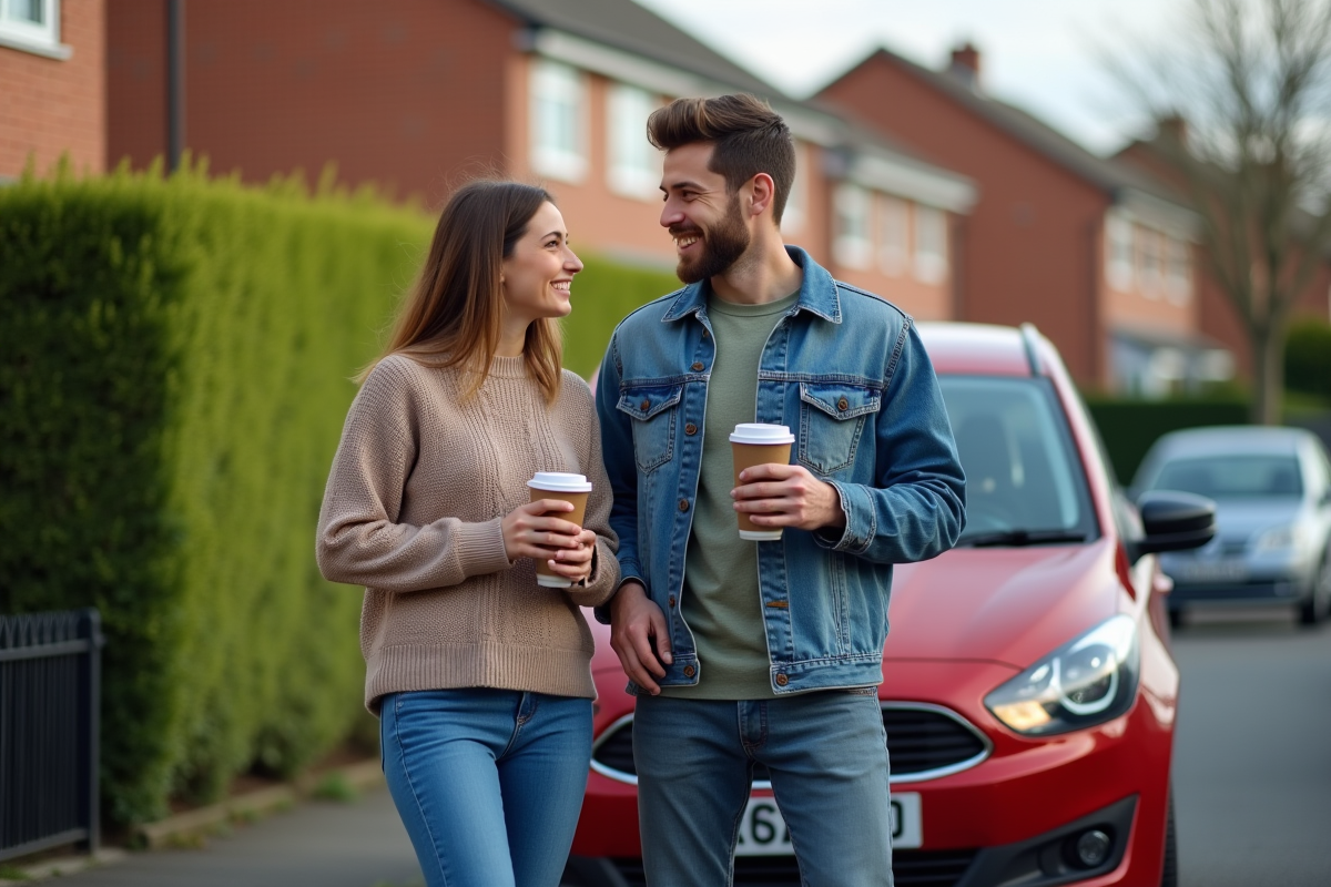 Jeune couple discutant devant une voiture dans un quartier résidentiel