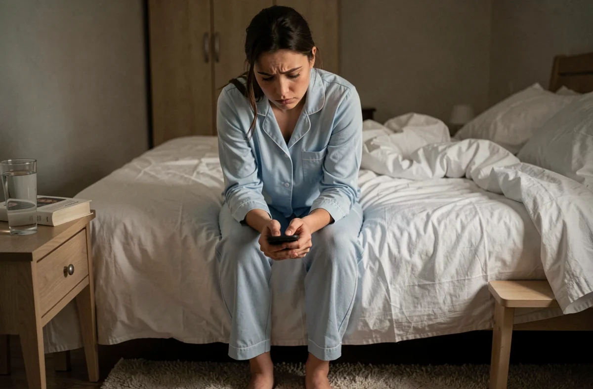 Jeune femme assise sur son lit tenant son téléphone retourné, exprimant l'anxiété et la confusion face au silence radio