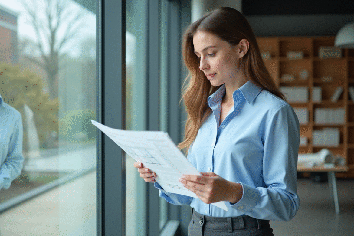 Jeune femme en blouse bleue examine des plans sur un campus universitaire