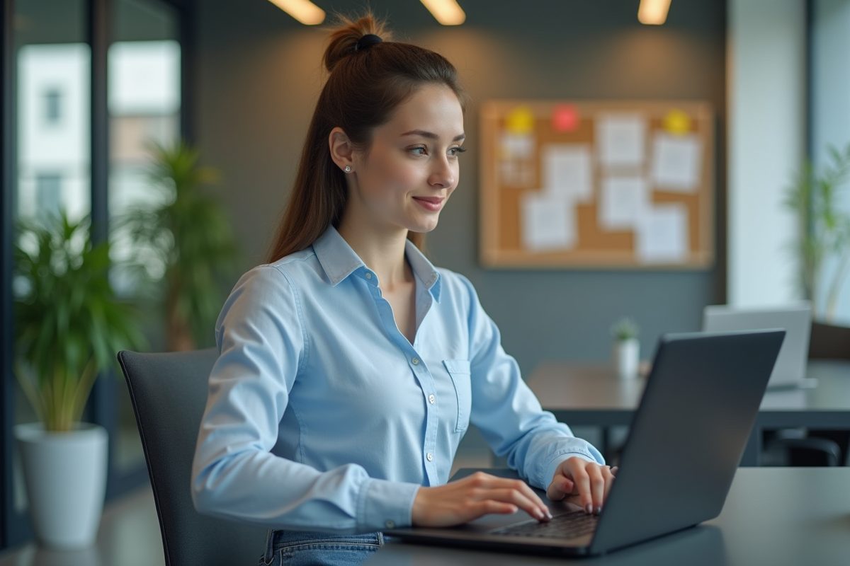 Jeune femme au bureau avec ordinateur et plantes