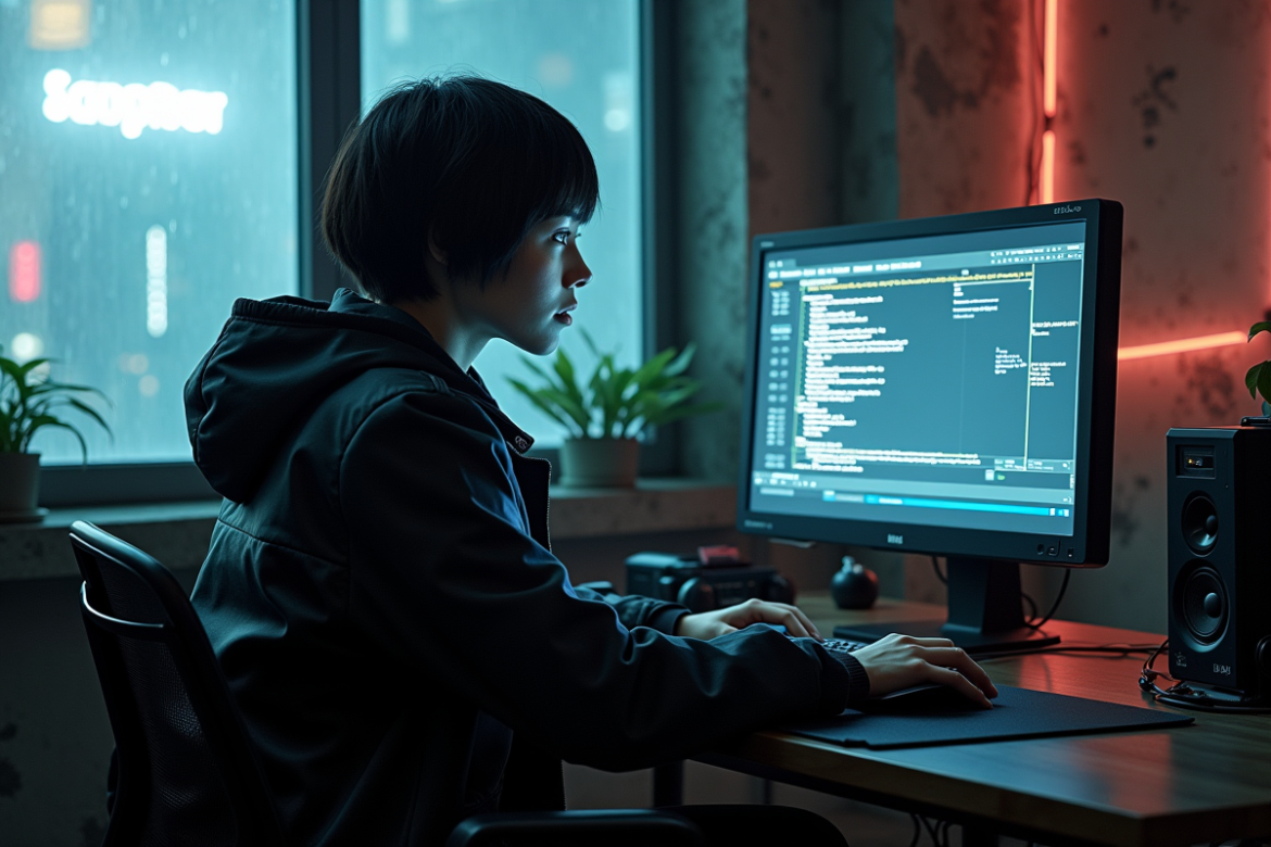 Jeune femme cyberpunk concentrée sur un moniteur rétro