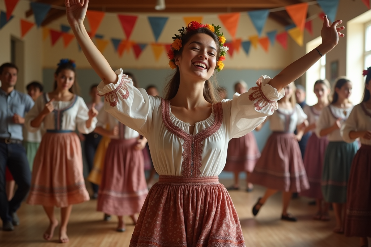 Jeune femme en robe folklorique dansant lors d