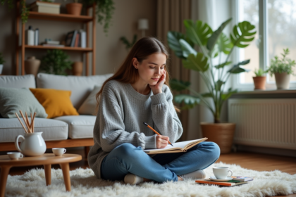 Jeune femme en sweater gris dessinant dans un salon cosy