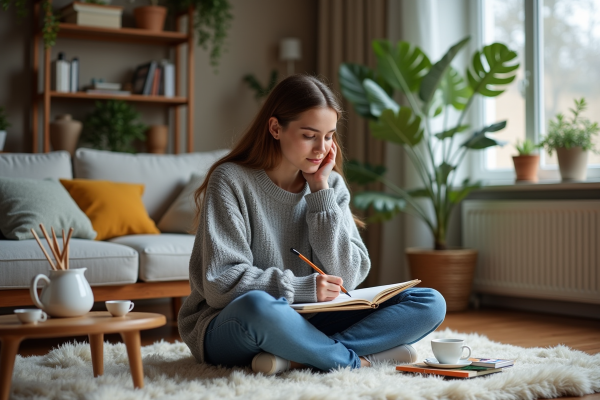 Jeune femme en sweater gris dessinant dans un salon cosy