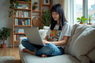 Jeune femme concentrée sur son ordinateur portable avec comics