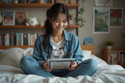 Jeune femme lisant manga sur tablette dans son lit