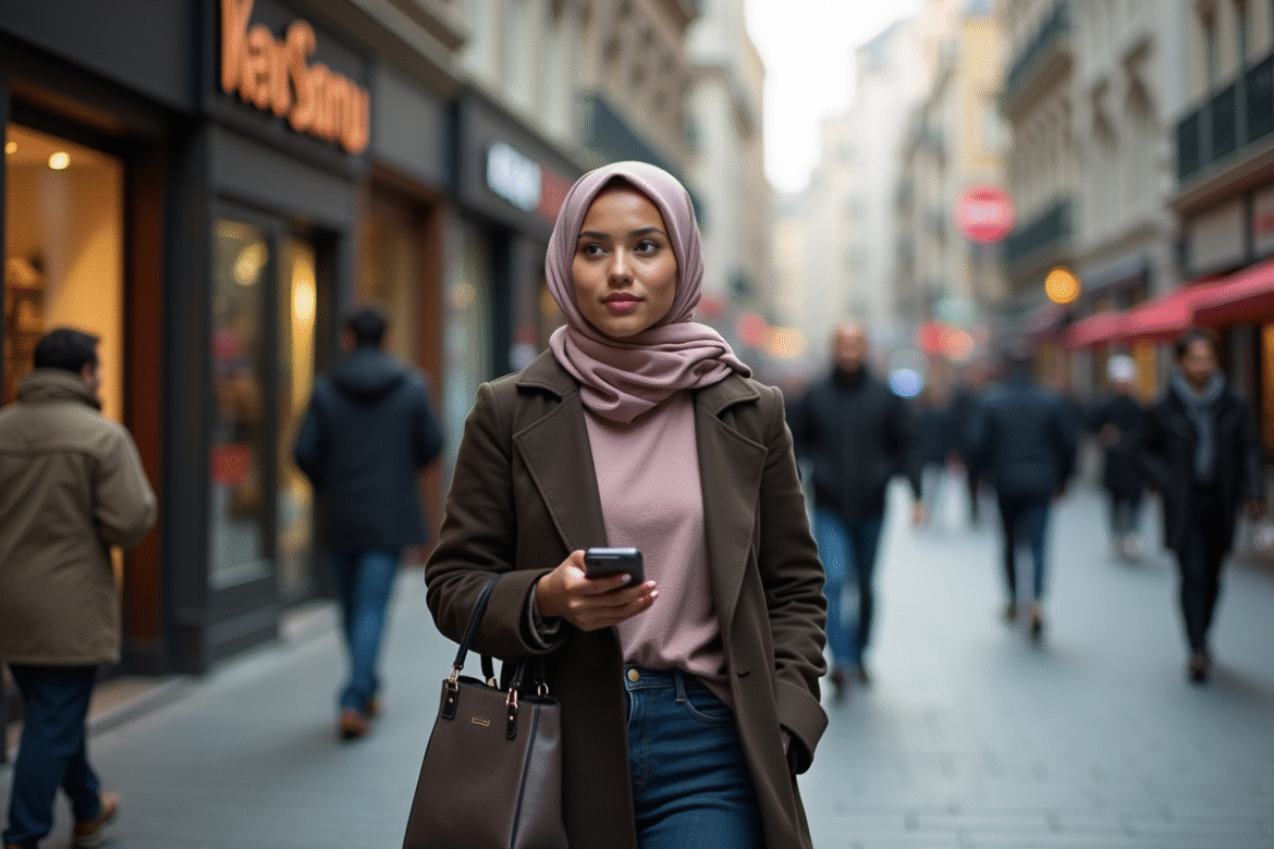 Jeune femme musulmane marchant dans la ville animée