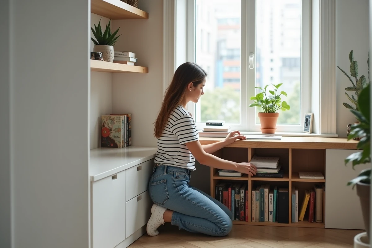 Jeune femme organisant des livres dans un appartement moderne