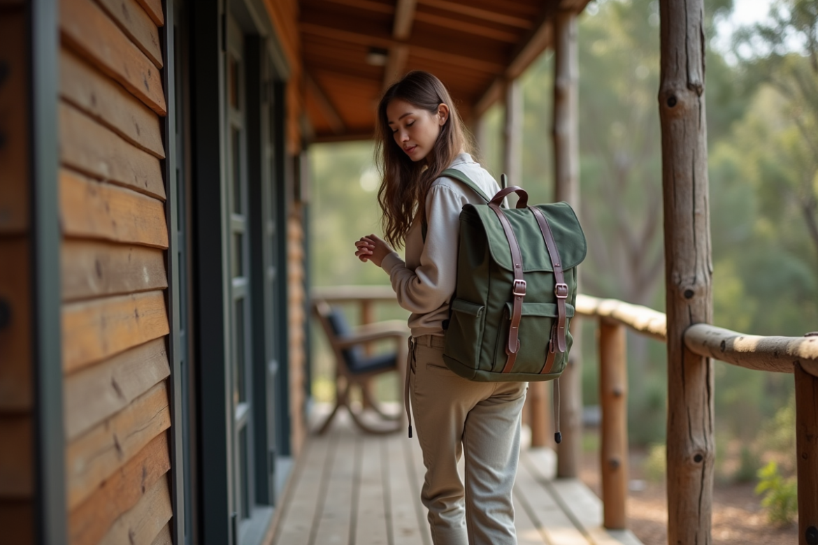Jeune femme en randonnée australienne vérifiant son sac à dos