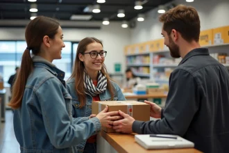 Jeune femme réceptionne un colis dans un point relais moderne