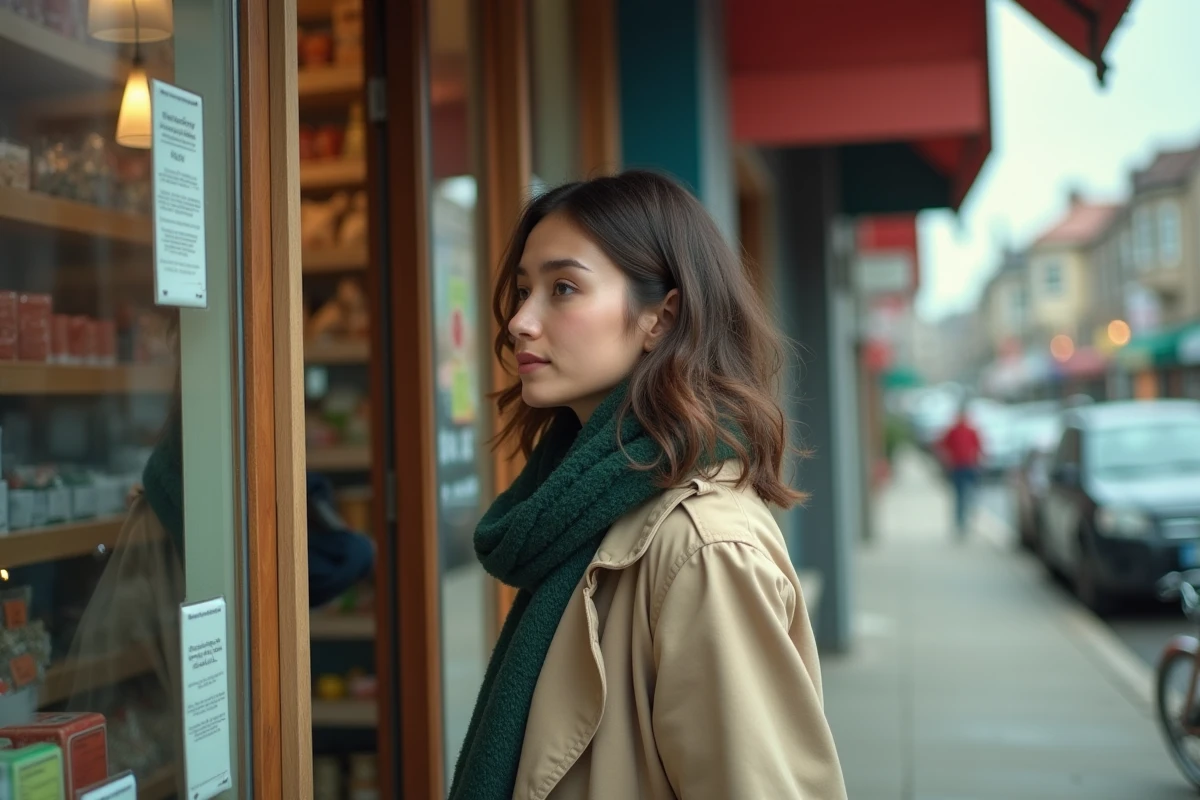 Jeune femme regardant à travers la vitrine d