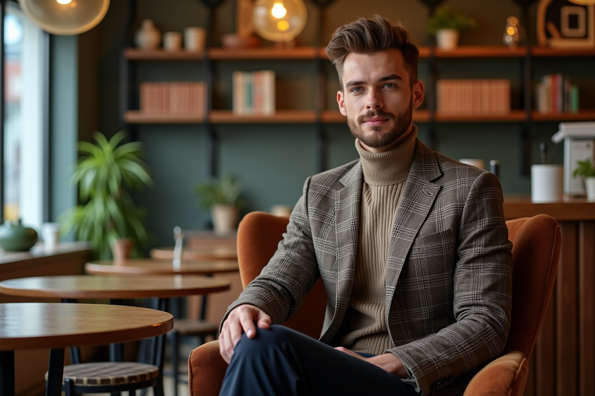 Jeune homme en blazer dans un café boutique cosy