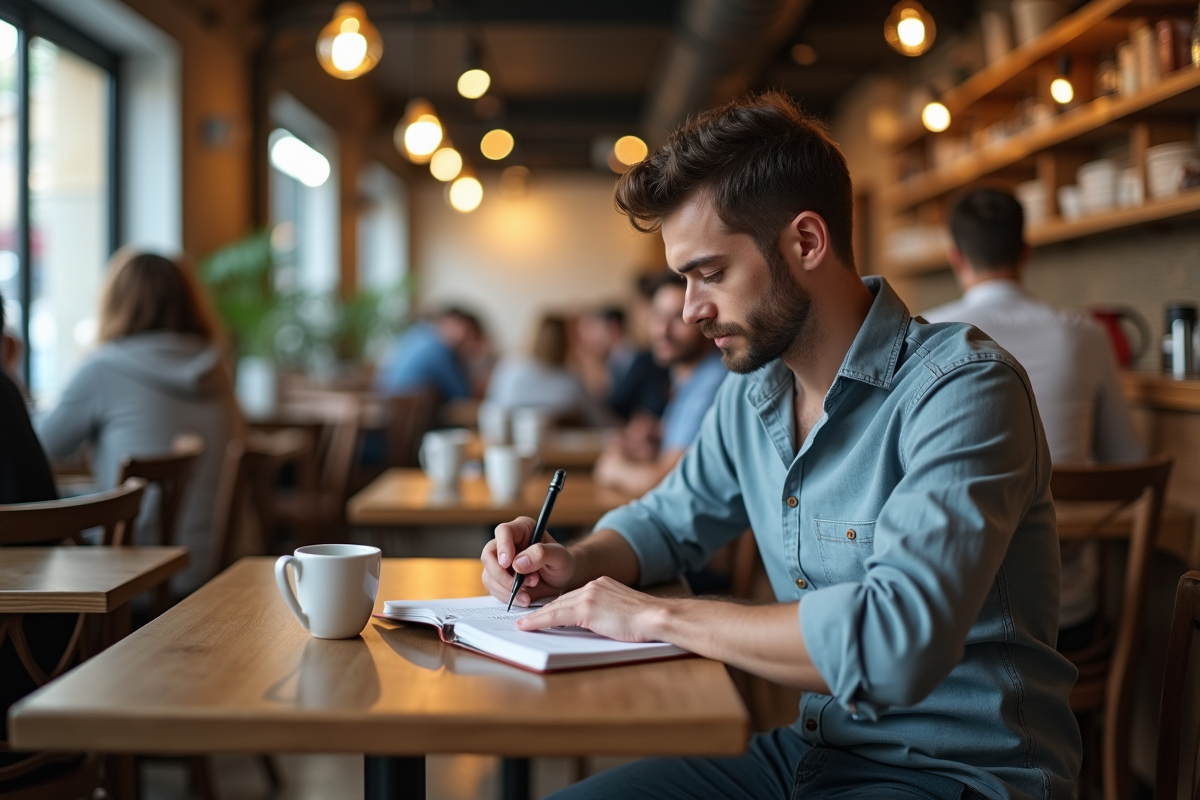 Jeune homme lisant et annotant dans un café animé