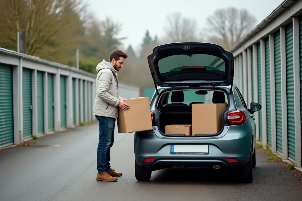 Jeune homme chargeant des cartons dans une voiture de stockage extérieure