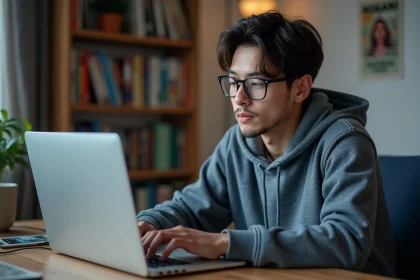 Jeune homme en hoodie travaillant sur son laptop à la maison