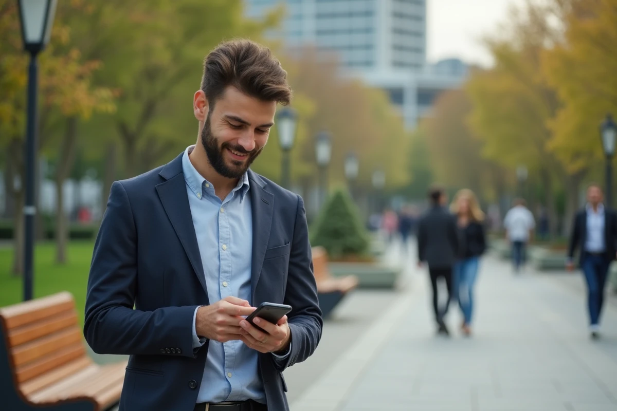 Jeune homme utilisant son téléphone dans un parc urbain
